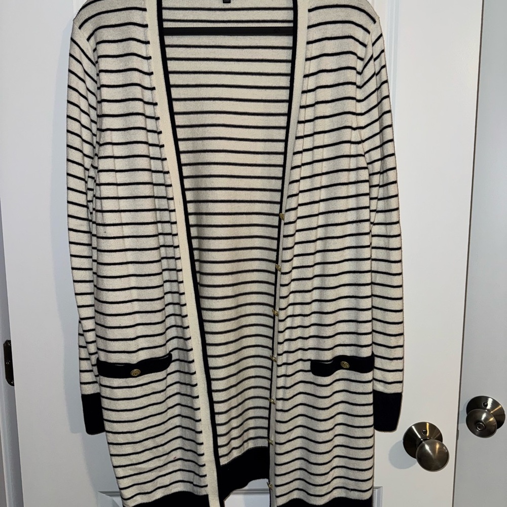 Talbots Navy Blue and White Striped Cardigan Sweater